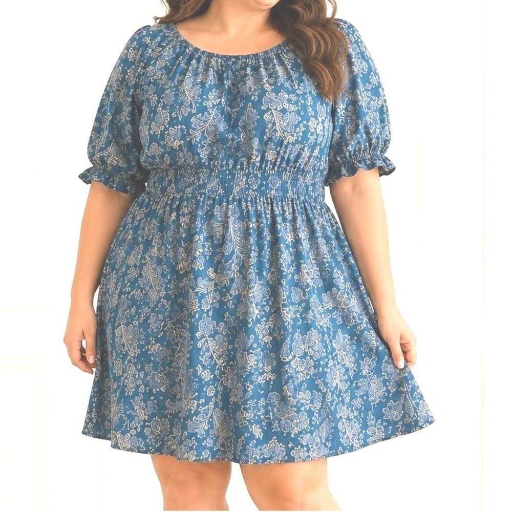 Torrid NWT Blue‎ Floral Mini Dress Puff Sleeve Smocked Boho Cottagecore
